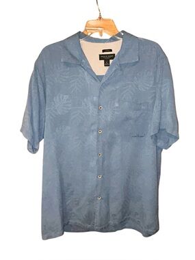 Pronto‎ Uomo Silk Hawaiian Shirt Button Front SS Blue Classic Fit Mens Large